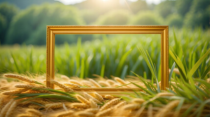 frame of fresh wheat leaves isolated on blurred abstract sunny background banner, nature scene with asian spirit and copy space