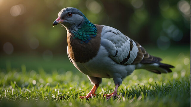  close-up of an ordinary pigeon standing on green grass,
