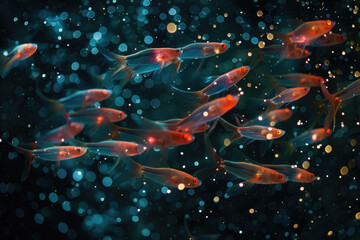 A captivating scene of a swarm of glowing krill illuminating the ocean's depths