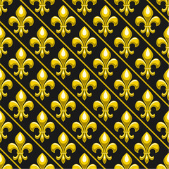 Vector Fleur de Lis Seamless Pattern, repeat background with illustrations of simple pattern with yellow fleur de lis flourish for wrapping paper, square poster with french ornament on dark background © mihmihmal