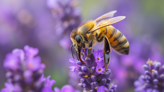 Bee friendly garden, macro closeup of honey bee pollinating purple flowers.