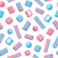 Vector Bubble Gum seamless pattern, repeat background with cut out outline illustration of various bubble gums and vibrant candies, square poster with group of flying yummy candies on white background