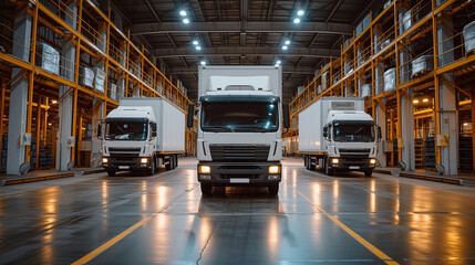 White box trucks inside a warehouse. Ready to make deliveries of new merchandise to various merchants and retail locations.