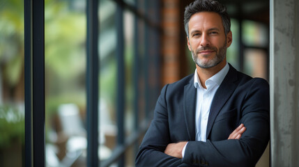 Natural light portrait of a businessman in suit by the window.