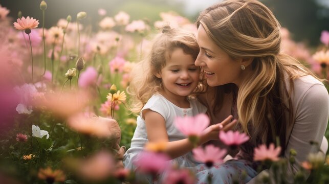 Mother's Day - mother and daughter in flower field, Generative ai