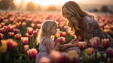 Naklejka premium Mother's Day - mother and daughter in flower field, Generative ai