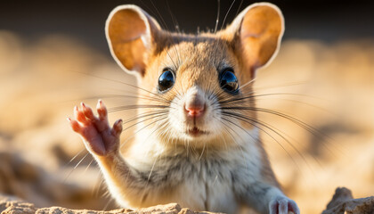 Obraz premium Cute small mouse, fluffy fur, looking at camera with curiosity generated by AI