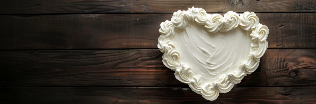 Love heart shape frosted buttercream white cake on white wood table for modern party products and mock up, blank space on top of cake for icing text, simple lovely chic cake decorating bakery design.