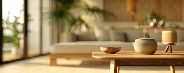 Modern, Chinese-style, light wood-colored living room, blurred background, table in the foreground, free copy space