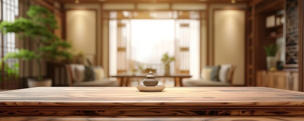 Modern, Chinese-style, light wood-colored living room, blurred background, table in the foreground, free copy space