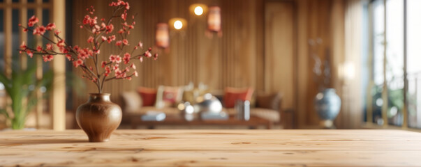 Modern, Chinese-style, light wood-colored living room, blurred background, table in the foreground, free copy space