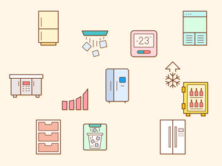 Vector illustration of fridge and refrigerator elements. Contains such as household, appliances, ice, snowflake, kitchen, Celsius, Fahrenheit and more. 