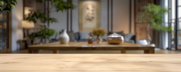 Modern, Chinese-style, light wood-colored living room, blurred background, table in the foreground, free copy space