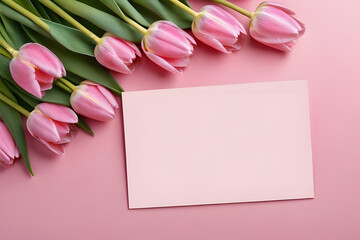 Pink Tulips: Spring Greetings for Mother's Day and Easter, pink tulips with card, Generative AI 