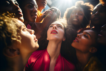 A captivating photograph of female empowerment showcases a diverse group of women engaging in a collaborative workshop, surrounded by vibrant colors, with sunlight streaming through the windows castin