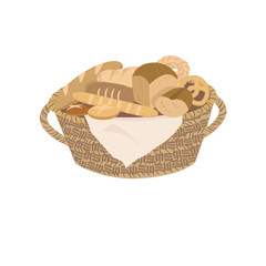 Set of different types, shapes and sizes of breads and homemade baked products: croissant, loaf, bun, baguette, toast, pretzel in a basket
