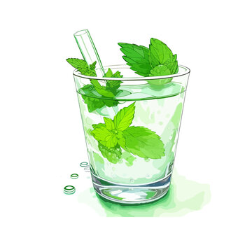 Glass of mojito bright drink with drops, ice and lime slices on the white background.