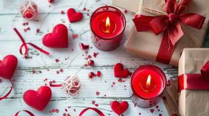 Hearts presents and candles in red on a white wooden background valentine's Day