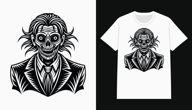 zombie skull t-shirt design. black and white hand drawn zombie  illustration for tee, apparel and clothing
