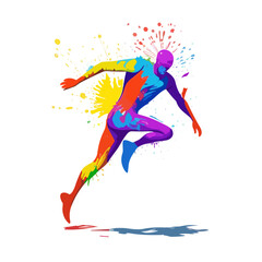 Vector illustration: sprinter. Running man. Spray watercolor paint on a white background.