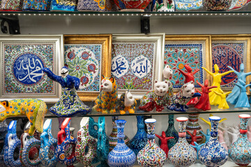 Colorful Souvenirs in the Touristic Travel Destinations Grand Bazaar. Ceramics, Mosaic, Porcelain,...