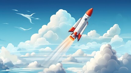 Naklejka na ściany i meble illustration of a rocket flying above the clouds. beautiful view with white clouds, generative, ai
