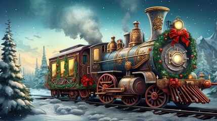AI generated Christmas themed train traveling through a snowy winter landscape AI Generated