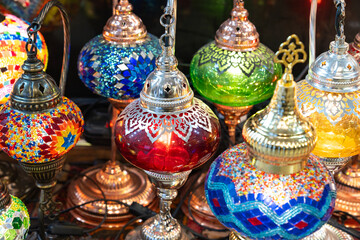 Traditional Colorful Turkish Mosaic Lamps Photo, Grand Bazaar Fatih, Istanbul Turkiye (Turkey)