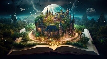 Open magical book that contains fantastic stories Reading books and literature allows you to plunge into world of imagination opens boundaries for fantasy to build your own world