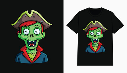 zombie skull t-shirt design. cartoon pirate zombie illustration for tee, apparel and clothing
