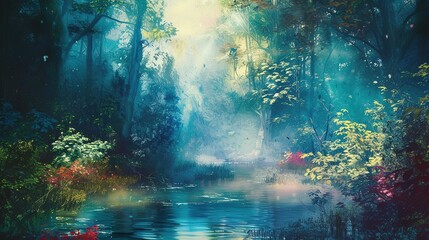 Artistic conception of beautiful landscape painting of nature of forest, background illustration, tender and dreamy design