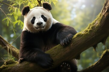 Obraz premium Panda perched on a high tree branch