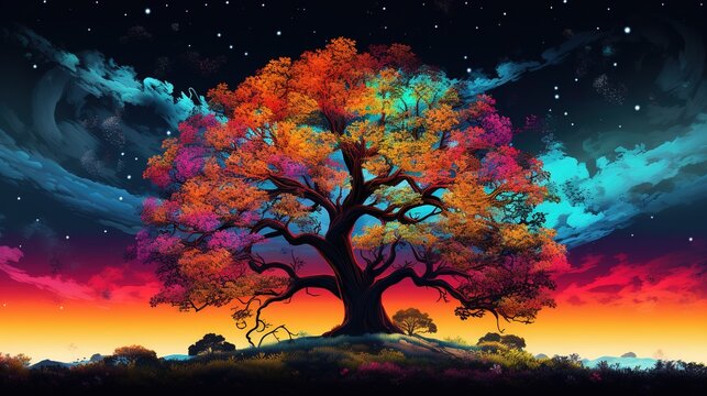 A tree with orange leaves and a star in the sky sunset background ai generated image