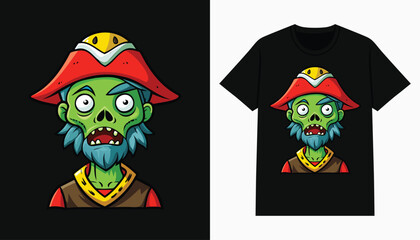 zombie skull t-shirt design. cartoon pirate zombie illustration for tee, apparel and clothing