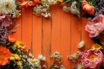 Fototapeta na wymiar Beautiful flowers on Orange vintage wooden plank background