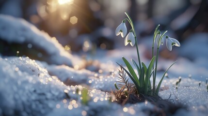 As dawn breaks, delicate snowdrop flowers pierce the frosty landscape, their white petals sparkling under the radiant morning sun