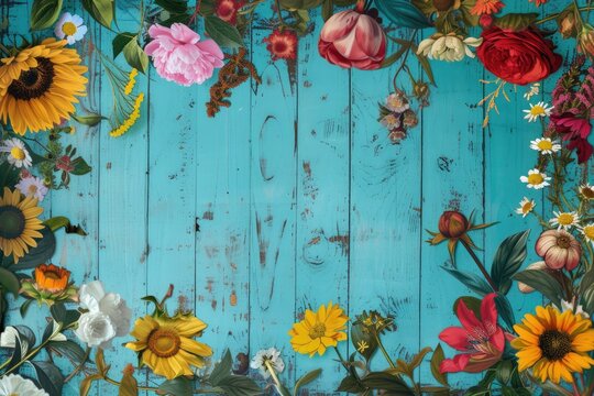 Beautiful flowers on turquoise vintage wooden plank background