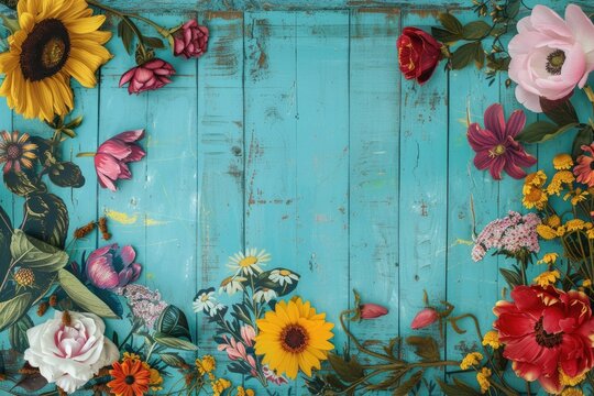 Beautiful flowers on turquoise vintage wooden plank background