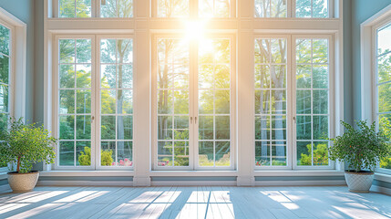 Fototapeta premium Large white windows in a room, floor to ceiling. Sunlight coming through in the morning.