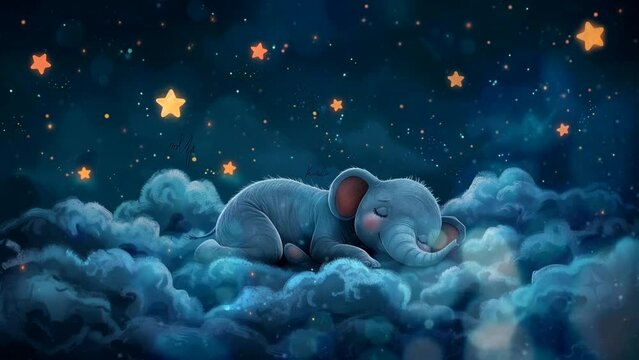 animated cute baby elephant sleeping at night on a cloud with stars. Seamless looping 4k time-lapse virtual video animation background