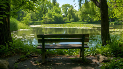 Fototapeta na wymiar A tiny wooden park bench at the park pond beautiful landscape photo 