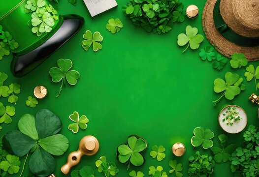 back dark green background, the central part of the image is free, on the edges of the image leaves of trefoil and four-leaf clovers of different sizes, leprechaun hat, St. Patrick's Day