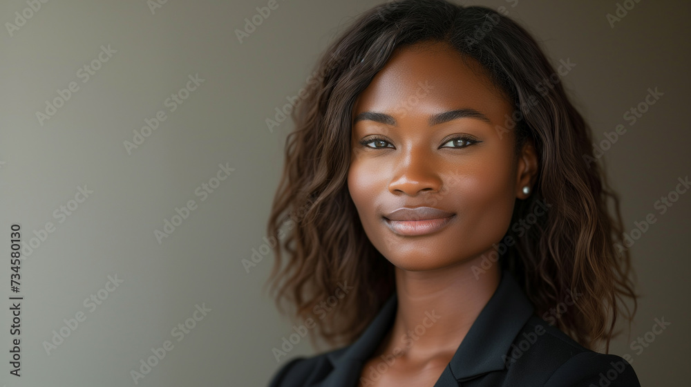 Wall mural classic professional headshot of a black female businesswoman on grey background with copy space.