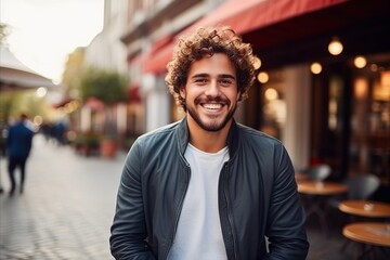 Portrait of a handsome young man with curly hair smiling at the camera - obrazy, fototapety, plakaty