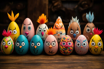 Painted Easter eggs of varying colors on a wooden surface are set against a dark background.