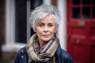 Portrait of beautiful senior woman with grey hair wearing scarf and coat