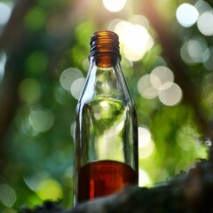 Honey bottle in the forest as for food natural background.