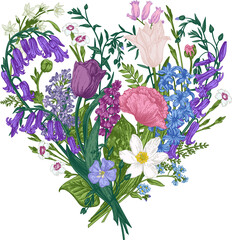 Floral heart with blue and pink garden flowers. Botanical illustration. Colorful. Blooming. - 734581172