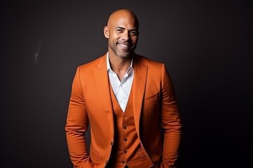 Obraz premium Handsome african american man in an orange suit on a dark background
