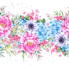 Seamless border with watercolor flowers. Garden flowers for website design, banners, and social networks.